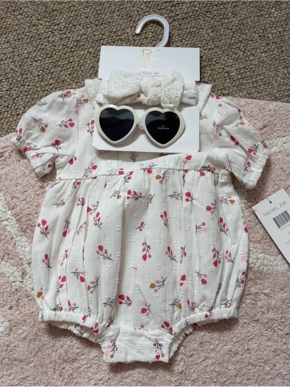 Rachel Zoe Cream Lace Baby Romper with Floral Accents